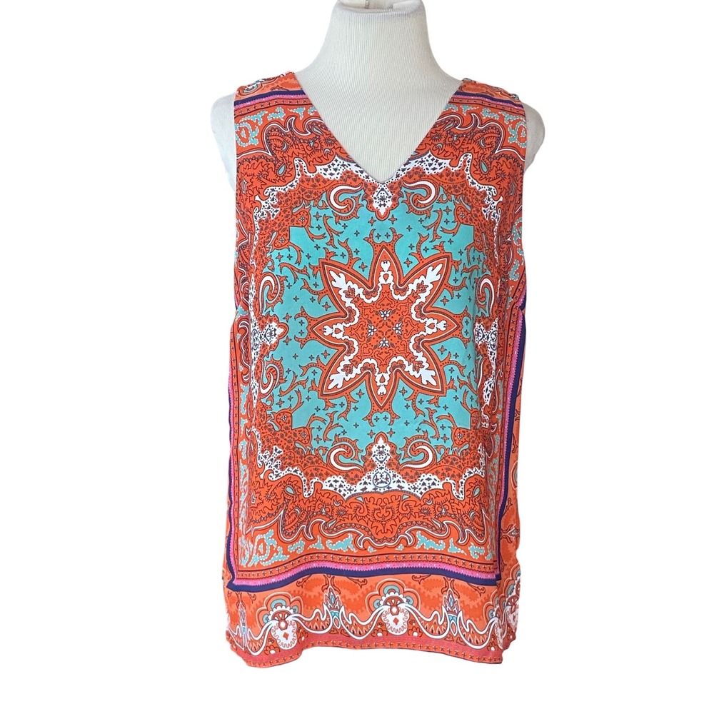 Violet + Claire Orange‎ Turquoise Medallion Paisley V-Neck Sleeveless Blouse M
